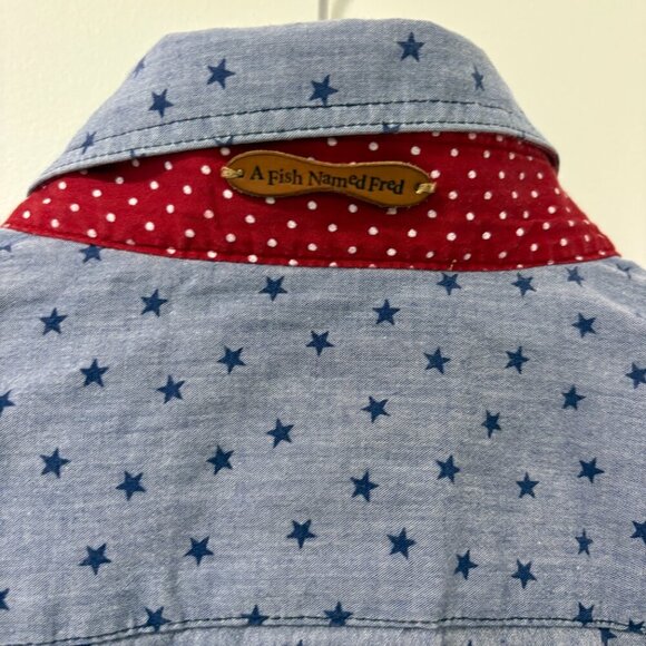 A Fish Named Fred Men’s Button Down Flip Cuff Shirt Blue Stars Size XL Cotton - Picture 13 of 13